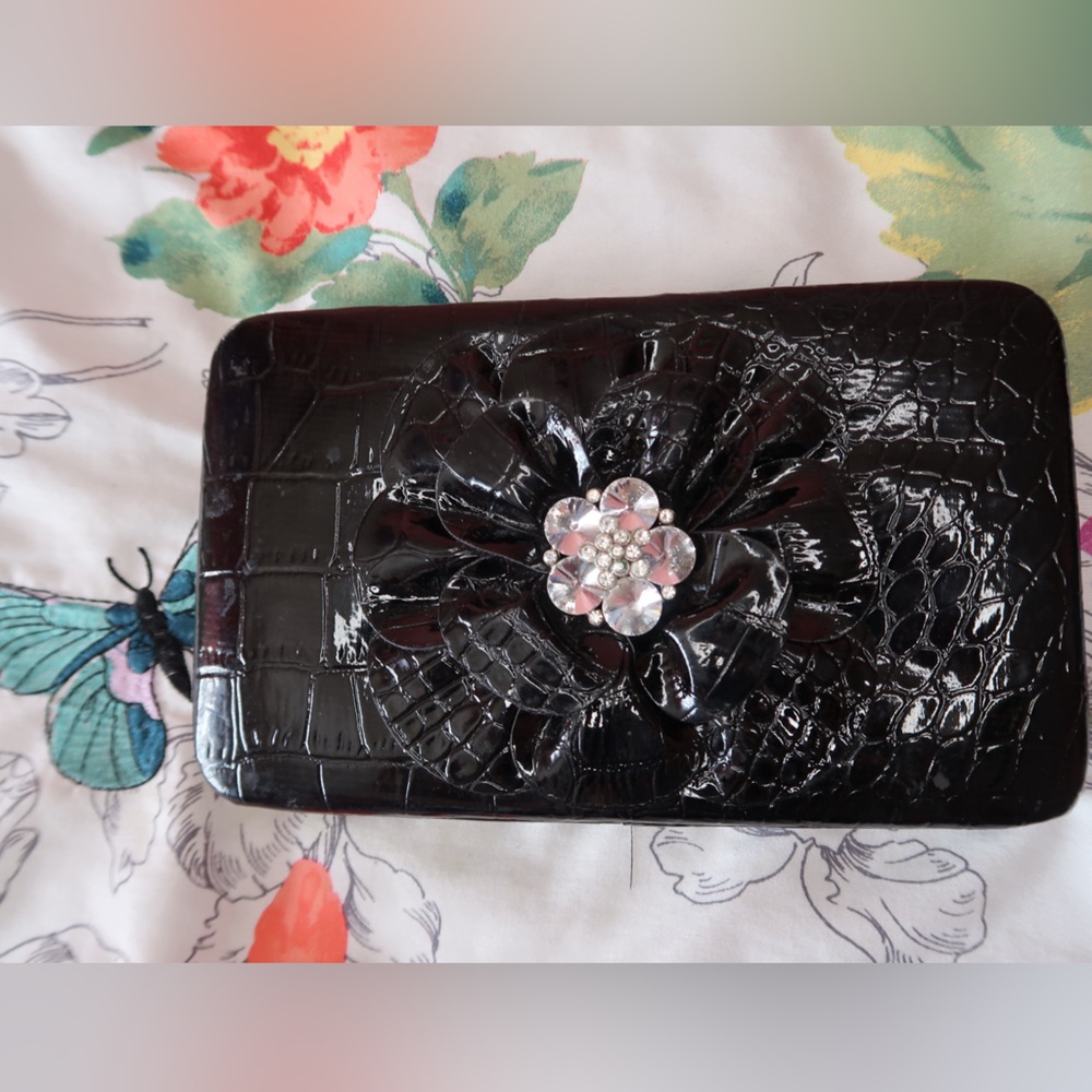 Vintage Black Embossed Wallet with Floral Accent
